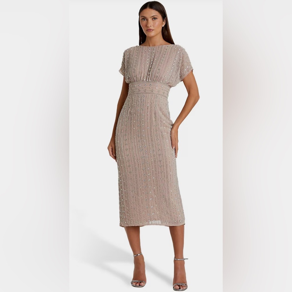 Mac Duggal Cream Ribbed Sheath Midi Dress